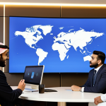 A team of professional localization experts, diverse in ethnicity, working collaboratively in a modern, culturally respectful office in a Middle Eastern city. They are wearing modest business attire, gathered around a large interactive screen displaying international media content being adapted for local audiences. The office features contemporary Arabic design elements and warm, inviting lighting. Perfect anatomy, correct proportions, natural pose, well-formed hands, proper finger count. Professional studio photography, high quality, safe for work, appropriate content, fully clothed, modest clothing, family-friendly.