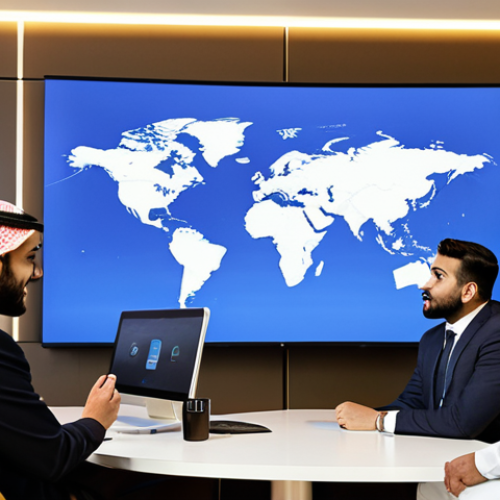 A team of professional localization experts, diverse in ethnicity, working collaboratively in a modern, culturally respectful office in a Middle Eastern city. They are wearing modest business attire, gathered around a large interactive screen displaying international media content being adapted for local audiences. The office features contemporary Arabic design elements and warm, inviting lighting. Perfect anatomy, correct proportions, natural pose, well-formed hands, proper finger count. Professional studio photography, high quality, safe for work, appropriate content, fully clothed, modest clothing, family-friendly.