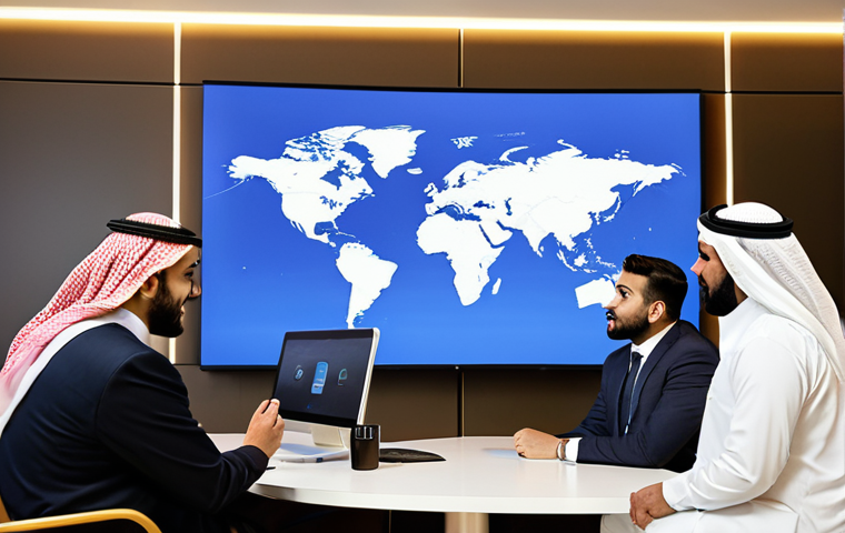 A team of professional localization experts, diverse in ethnicity, working collaboratively in a modern, culturally respectful office in a Middle Eastern city. They are wearing modest business attire, gathered around a large interactive screen displaying international media content being adapted for local audiences. The office features contemporary Arabic design elements and warm, inviting lighting. Perfect anatomy, correct proportions, natural pose, well-formed hands, proper finger count. Professional studio photography, high quality, safe for work, appropriate content, fully clothed, modest clothing, family-friendly.