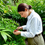 **

"A professional female environmental scientist, fully clothed in modest field attire (khaki pants, long-sleeved shirt), examining a ladybug on a leaf in a lush garden, appropriate content, safe for work, perfect anatomy, natural light, family-friendly, high-resolution photography, the garden should include Arabic flowering plants like Jasmine and Henna."

**