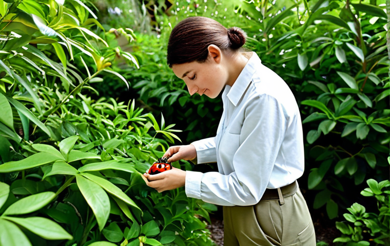 **
"A professional female environmental scientist, fully clothed in modest field attire (khaki pants, long-sleeved shirt), examining a ladybug on a leaf in a lush garden, appropriate content, safe for work, perfect anatomy, natural light, family-friendly, high-resolution photography, the garden should include Arabic flowering plants like Jasmine and Henna."
**