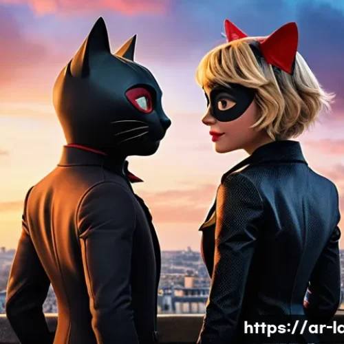 레이디버그와 샤노아르의 관계 - A vibrant scene set in Paris at dusk, featuring Ladybug and Chat Noir standing back-to-back on a cla...
