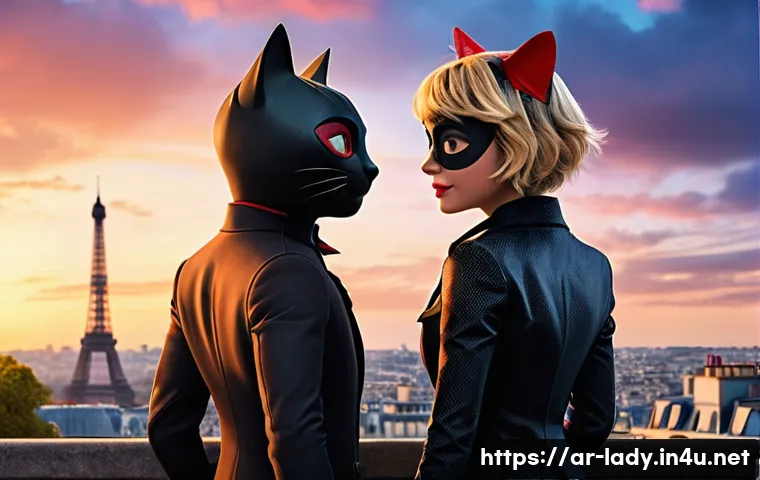 레이디버그와 샤노아르의 관계 - A vibrant scene set in Paris at dusk, featuring Ladybug and Chat Noir standing back-to-back on a cla...