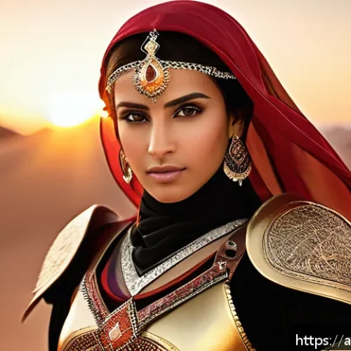샤노아르 코스프레 액세서리 - A detailed cosplay portrait of an Arab female warrior character wearing intricately designed golden ...