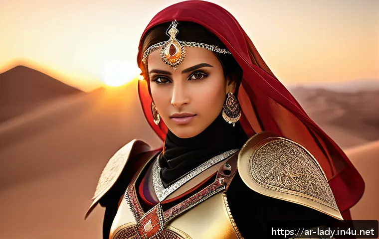 샤노아르 코스프레 액세서리 - A detailed cosplay portrait of an Arab female warrior character wearing intricately designed golden ...