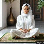 샤노아르 변신 아이템 - A serene Middle Eastern woman in modest modern attire sitting cross-legged on a traditional Persian ...