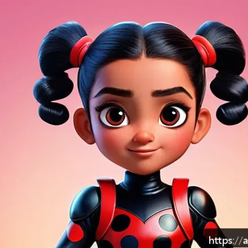 레이디버그 제작 비하인드 스토리 - A vibrant character design sketch of a young female superhero inspired by Ladybug, wearing a detaile...
