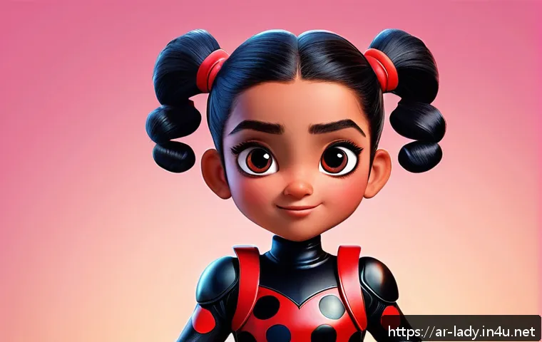 레이디버그 제작 비하인드 스토리 - A vibrant character design sketch of a young female superhero inspired by Ladybug, wearing a detaile...