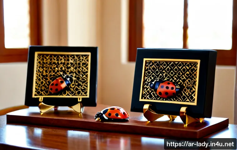 레이디버그 한정판 굿즈 - Photorealistic limited-edition ladybug-themed collectible set arranged on a polished walnut display ...