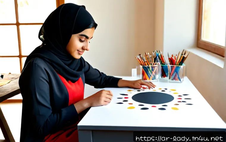 레이디버그 팬아트 공모전 - Photorealistic Arab female illustrator in modest contemporary clothing, seated at a sunlit studio de...